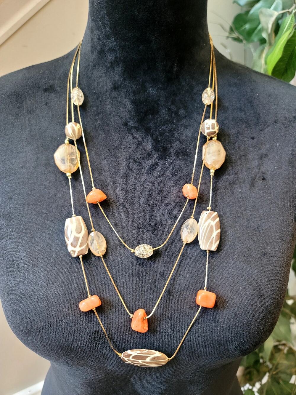 Multi Strand Earth Tone Beaded Necklace Brown Orange Tribal Boho Statement
